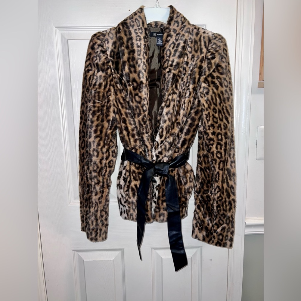 INC Leopard Print Faux Fur Jacket with Belt NWOT